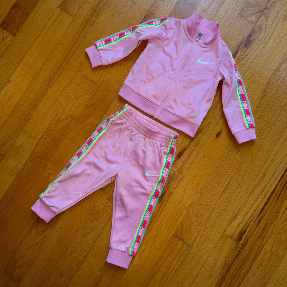 Nike Baby Girls Pink Rainbow Logo Tracksuit Set 2pc Jacket Pants 9M Athlesiure